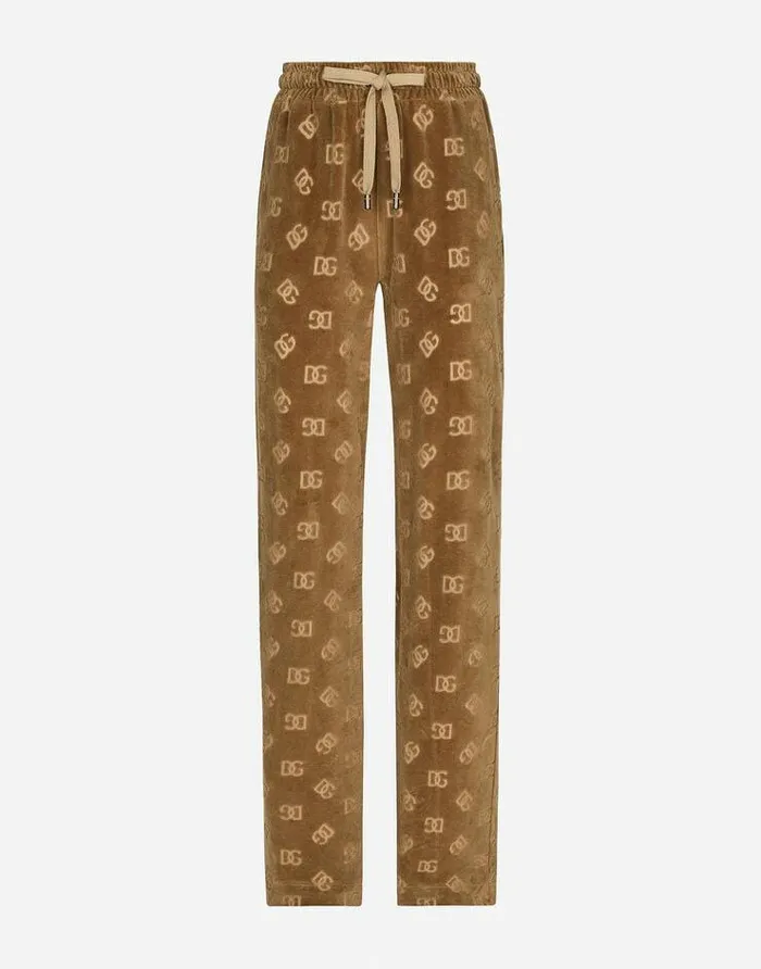 Dolce and Gabbana Trousers And Shorts Women Chenille Jogging Pants With Jacquard DG Logo Beige