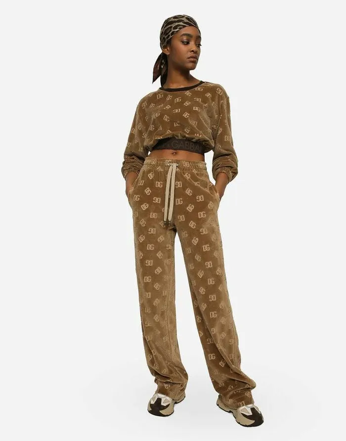 Dolce and Gabbana Trousers And Shorts Women Chenille Jogging Pants With Jacquard DG Logo Beige Dolce and Gabbana Trousers And Shorts Women Chenille Jogging Pants With Jacquard DG Logo Beige