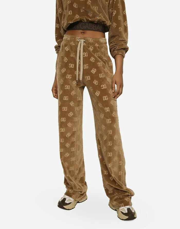 Dolce and Gabbana Trousers And Shorts Women Chenille Jogging Pants With Jacquard DG Logo Beige Dolce and Gabbana Trousers And Shorts Women Chenille Jogging Pants With Jacquard DG Logo Beige