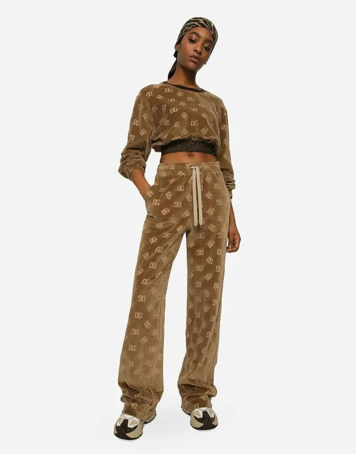 Dolce and Gabbana Trousers And Shorts Women Chenille Jogging Pants With Jacquard DG Logo Beige Dolce and Gabbana Trousers And Shorts Women Chenille Jogging Pants With Jacquard DG Logo Beige