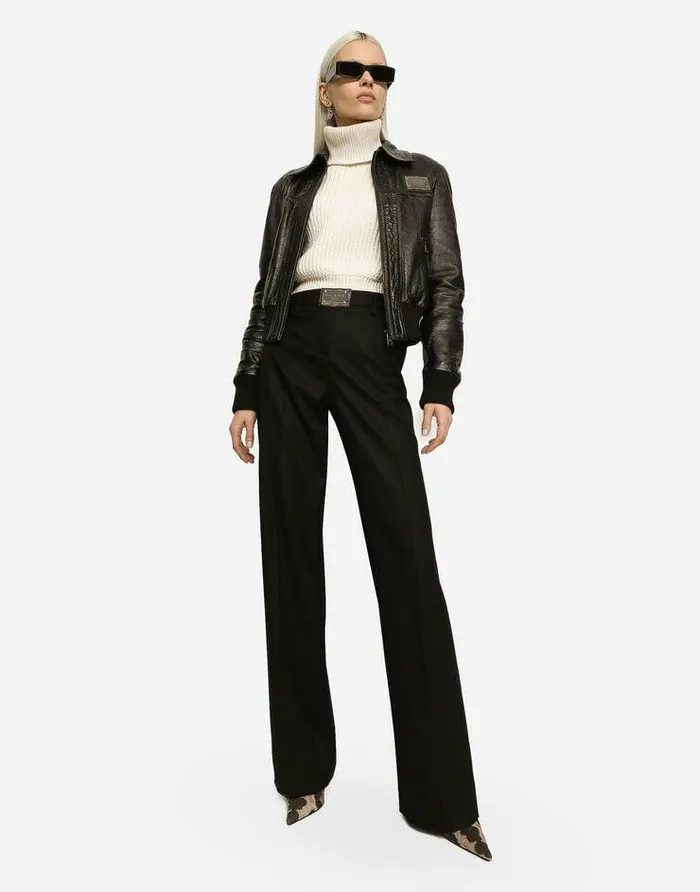 Dolce and Gabbana Trousers And Shorts Women Flared Flannel Pants With Logo Tag Black Dolce and Gabbana Trousers And Shorts Women Flared Flannel Pants With Logo Tag Black