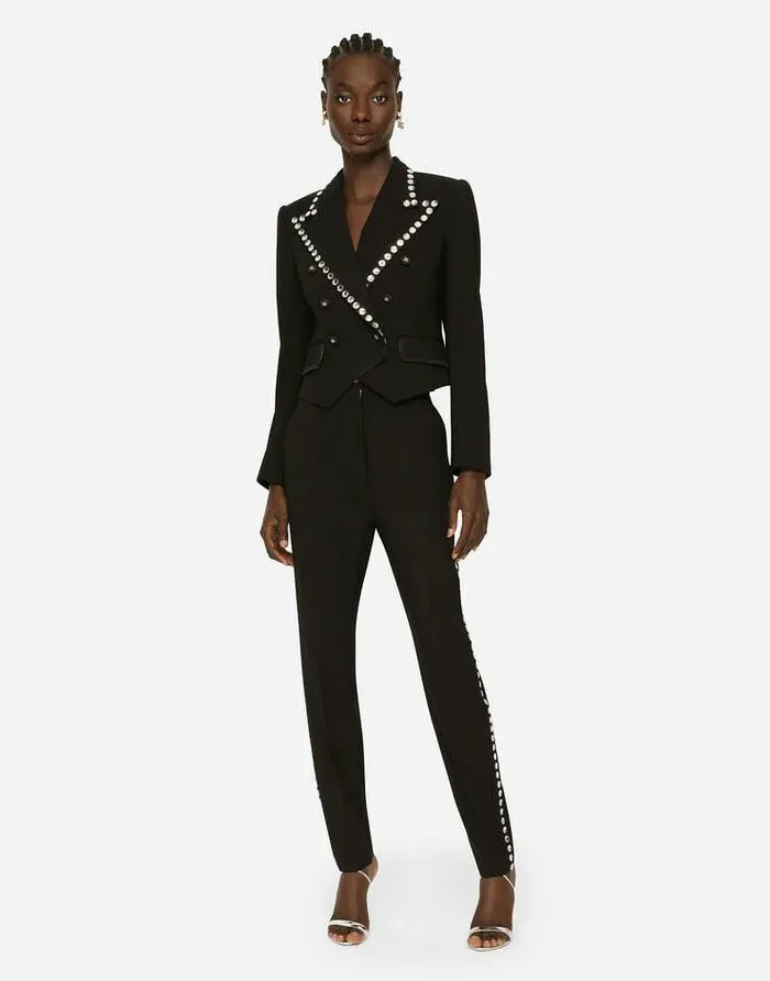 Dolce and Gabbana Trousers And Shorts Women Woolen Tuxedo Pants With Crystals Black Dolce and Gabbana Trousers And Shorts Women Woolen Tuxedo Pants With Crystals Black