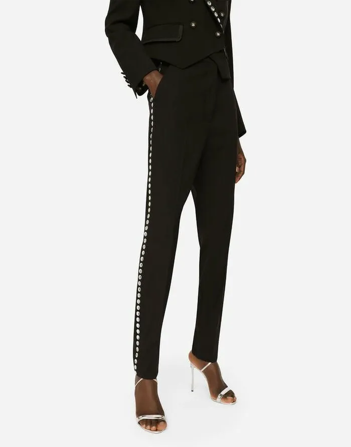 Dolce and Gabbana Trousers And Shorts Women Woolen Tuxedo Pants With Crystals Black Dolce and Gabbana Trousers And Shorts Women Woolen Tuxedo Pants With Crystals Black