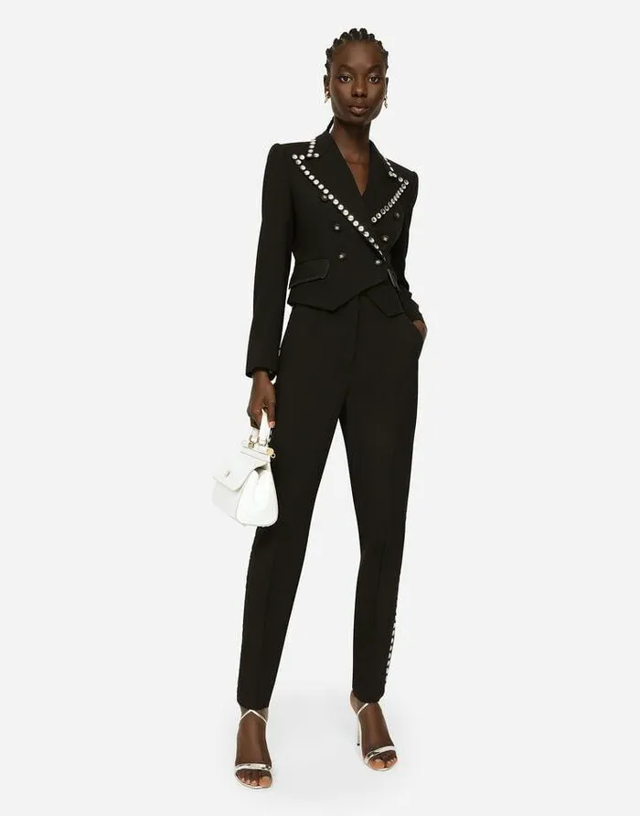 Dolce and Gabbana Trousers And Shorts Women Woolen Tuxedo Pants With Crystals Black Dolce and Gabbana Trousers And Shorts Women Woolen Tuxedo Pants With Crystals Black
