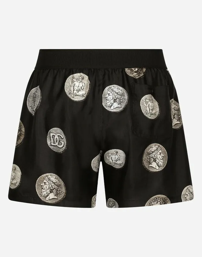 Dolce and Gabbana Underwear And Loungewear Men Coin Print Silk Shorts Black Dolce and Gabbana Underwear And Loungewear Men Coin Print Silk Shorts Black