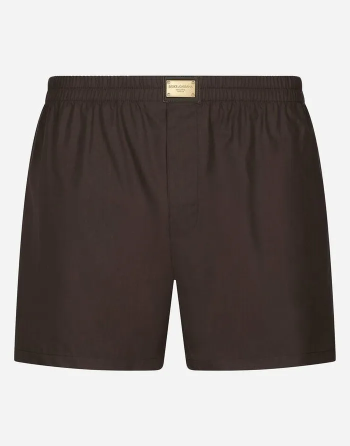 Dolce and Gabbana Underwear And Loungewear Men Cotton Poplin Shorts With Brand Plate Brown Dolce and Gabbana Underwear And Loungewear Men Cotton Poplin Shorts With Brand Plate Brown