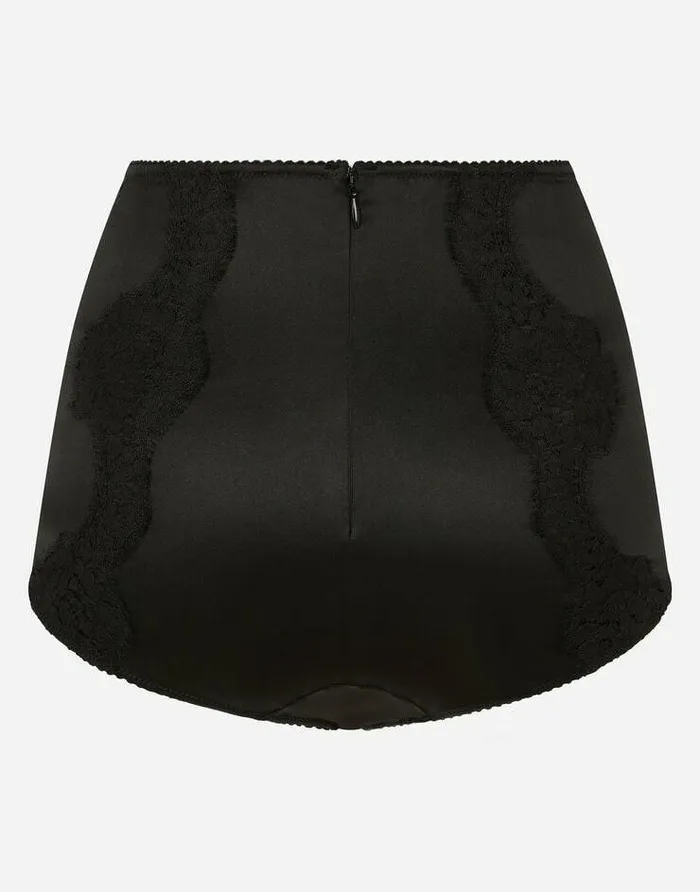 Dolce and Gabbana Underwear Women Satin Highwaisted Panties With Lace Detailing Black