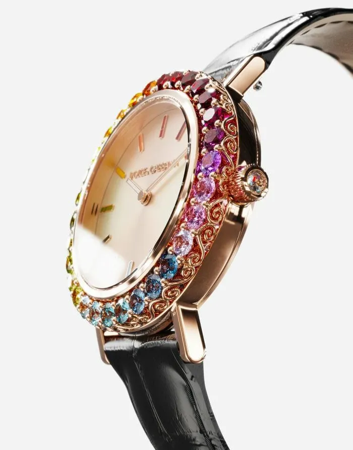 Dolce and Gabbana WatchesandStraps Women Iris Watch In Rose Gold With Multicolored Fine Gems Black Dolce and Gabbana WatchesandStraps Women Iris Watch In Rose Gold With Multicolored Fine Gems Black