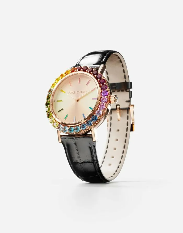 Dolce and Gabbana WatchesandStraps Women Iris Watch In Rose Gold With Multicolored Fine Gems Black Dolce and Gabbana WatchesandStraps Women Iris Watch In Rose Gold With Multicolored Fine Gems Black