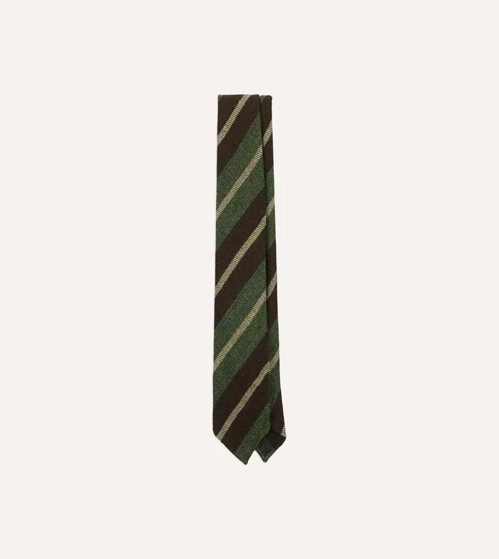 Drake039s Brown And Green Block Stripe Herringbone Hand Rolled Shetland Wool Tie 8211 Ties
