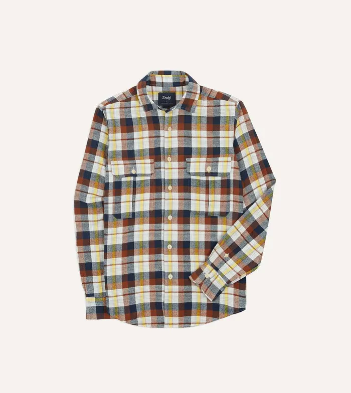 Drake039s Navy White And Rust Check Brushed Cotton TwoPocket Work Shirt 8211 Shirts Drake039s Navy White And Rust Check Brushed Cotton TwoPocket Work Shirt 8211 Shirts