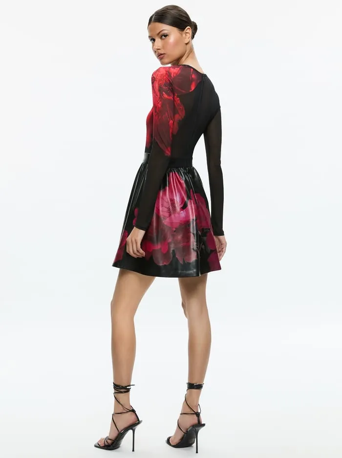Dresses Women Alice Olivia Chara Vegan Mini Dress Peony Petals Bright Ruby