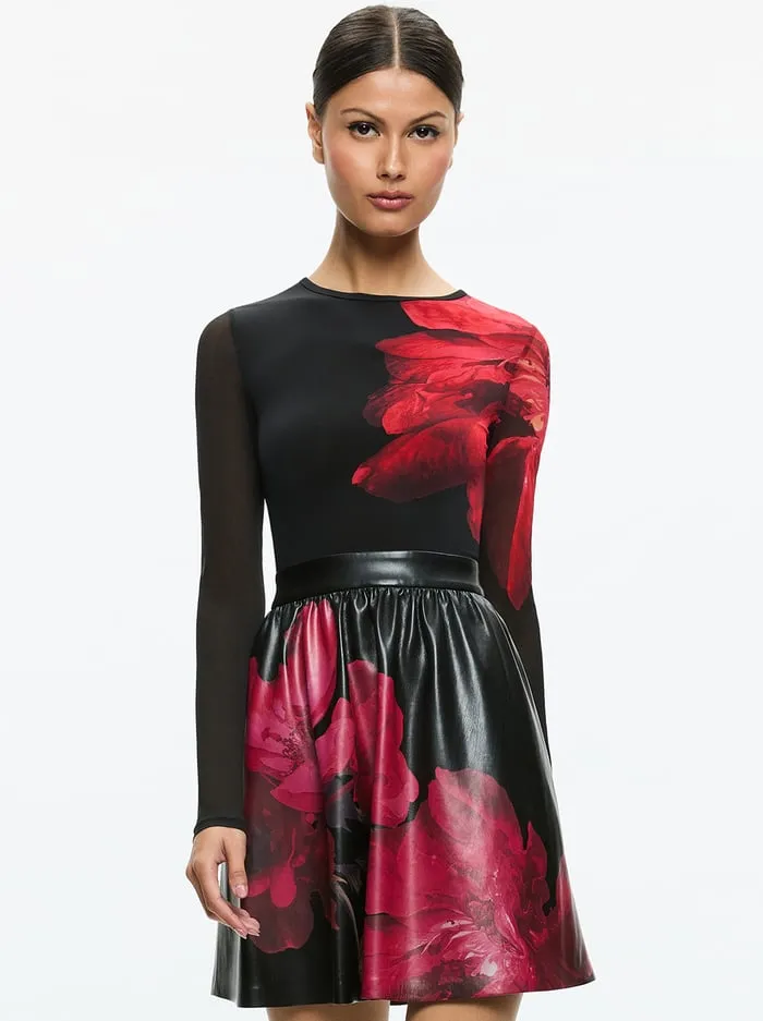 Dresses Women Alice Olivia Chara Vegan Mini Dress Peony Petals Bright Ruby