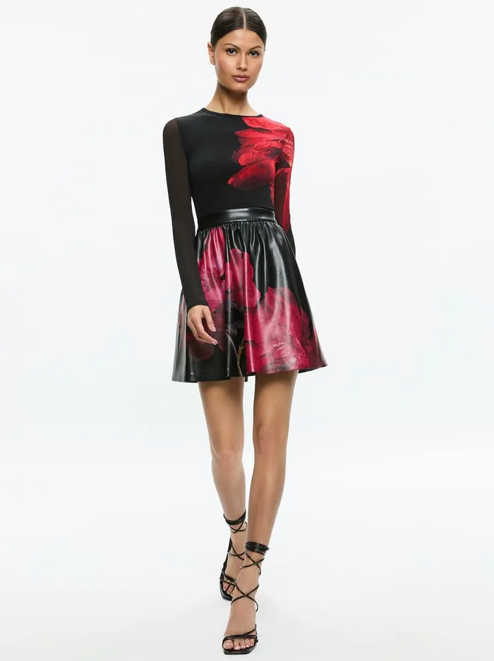 Dresses Women Alice Olivia Chara Vegan Mini Dress Peony Petals Bright Ruby