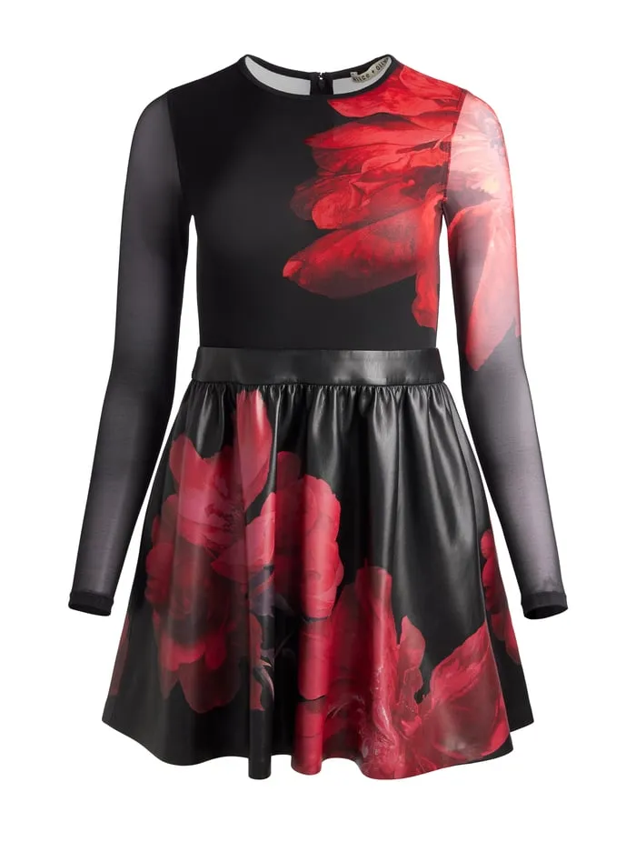 Dresses Women Alice Olivia Chara Vegan Mini Dress Peony Petals Bright Ruby