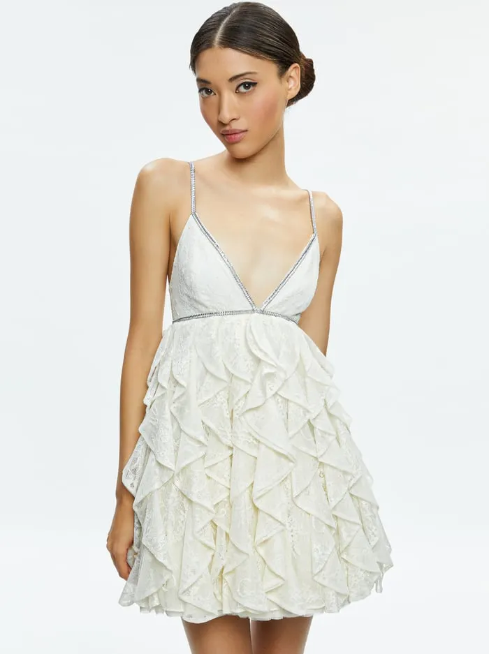 Dresses Women Alice Olivia Wilmarie Embellished Lace Ruffle Mini Gown Off White