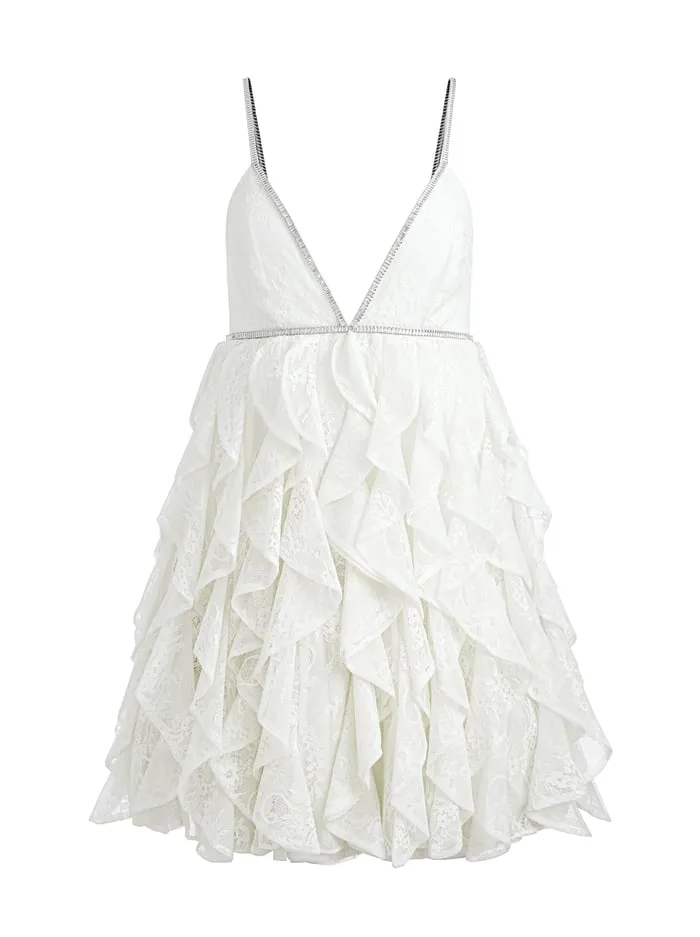 Dresses Women Alice Olivia Wilmarie Embellished Lace Ruffle Mini Gown Off White