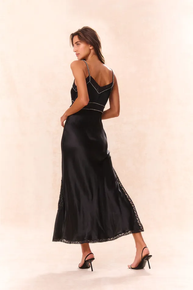 Dresses Women LoveShackFancy Valea Embellished Satin Maxi Dress Black