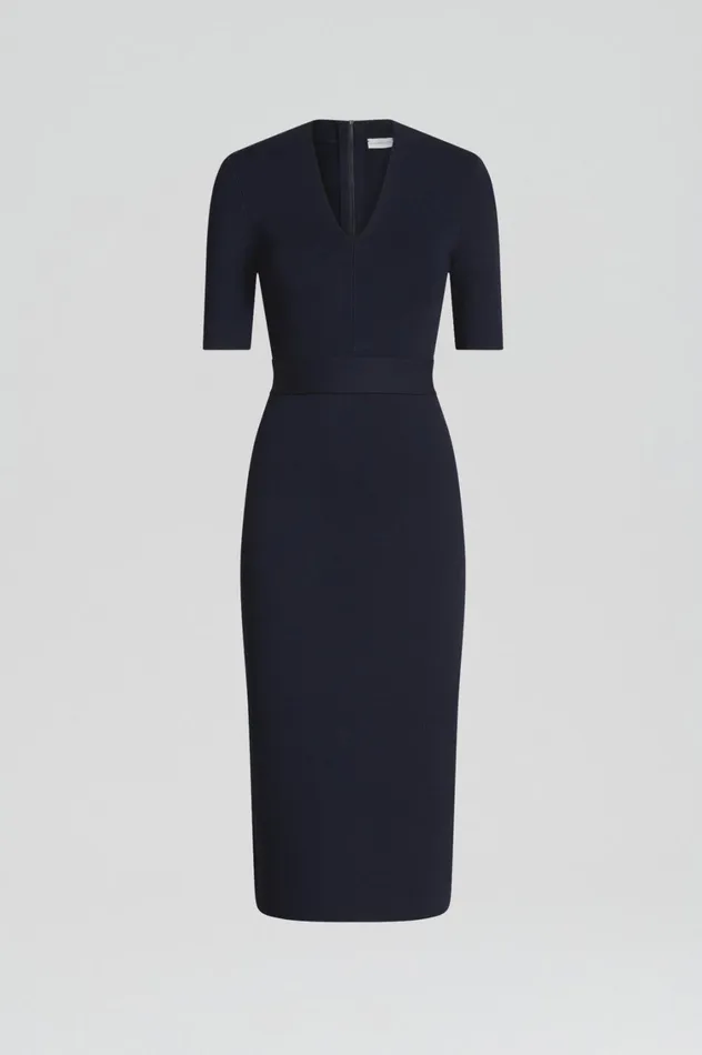 Dresses Women Scanlan Theodore CREPE KNIT V NECK DRESS Navy