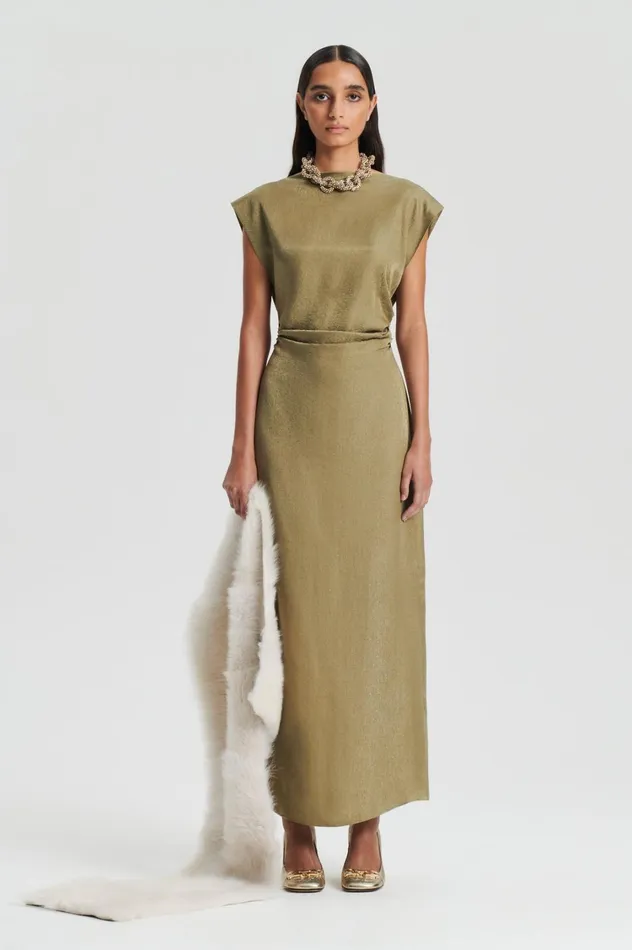 Dresses Women Scanlan Theodore SILK JACQUARD DRESS Olive