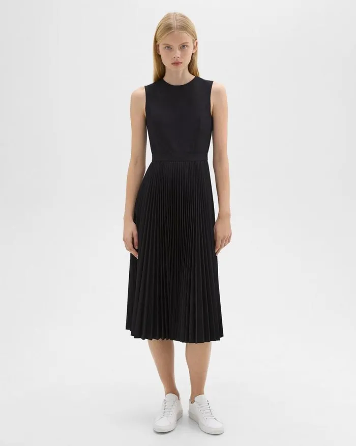 Dresses Women Theory Pleated Midi Dress In Sleek Poplin Black