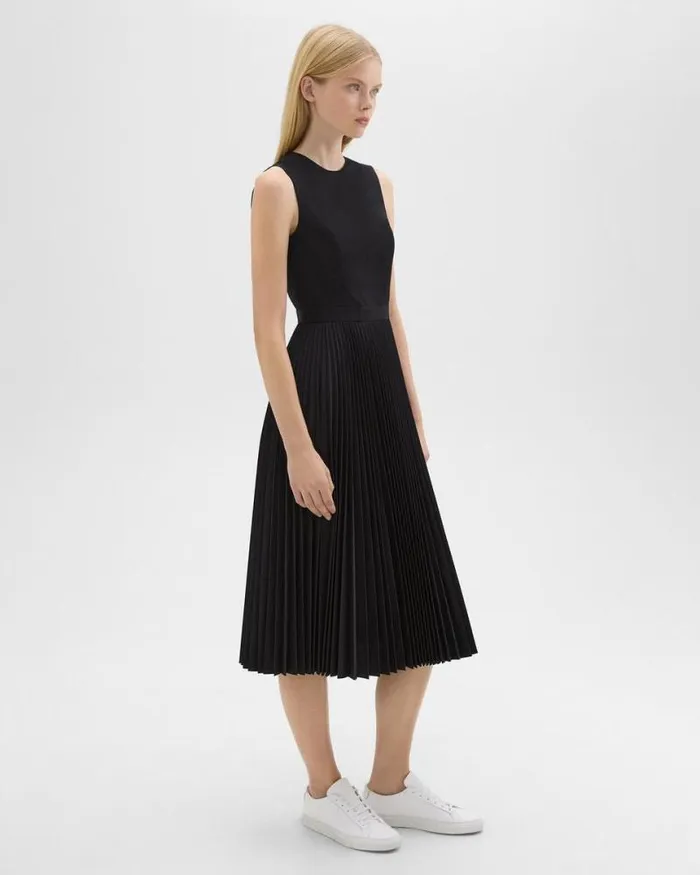 Dresses Women Theory Pleated Midi Dress In Sleek Poplin Black Dresses Women Theory Pleated Midi Dress In Sleek Poplin Black
