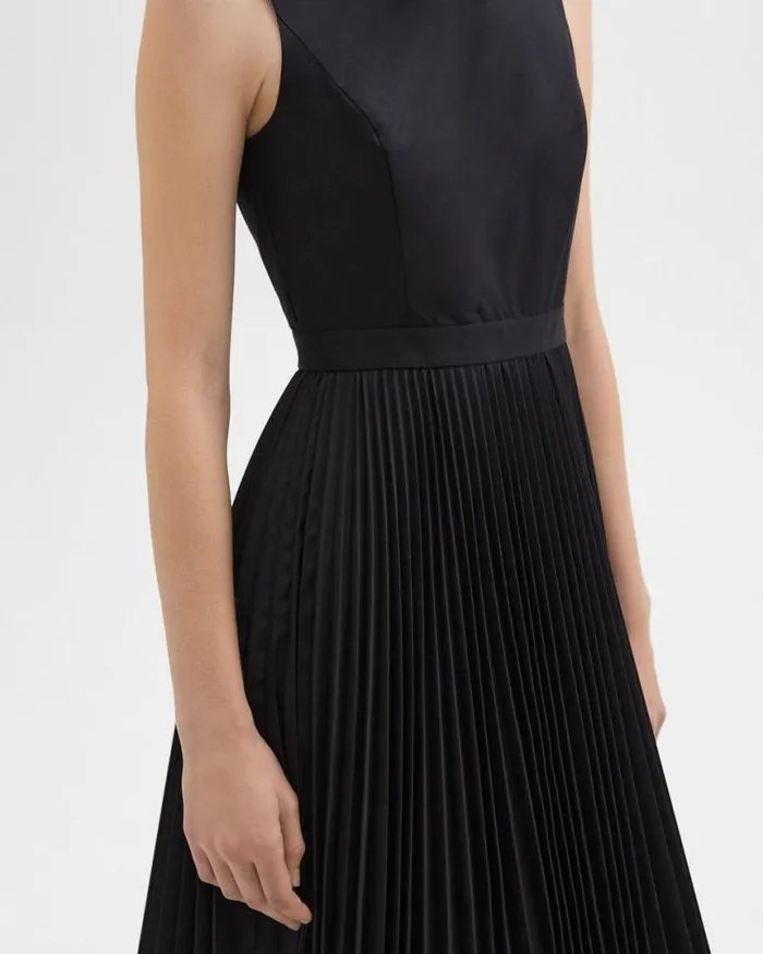 Dresses Women Theory Pleated Midi Dress In Sleek Poplin Black Dresses Women Theory Pleated Midi Dress In Sleek Poplin Black