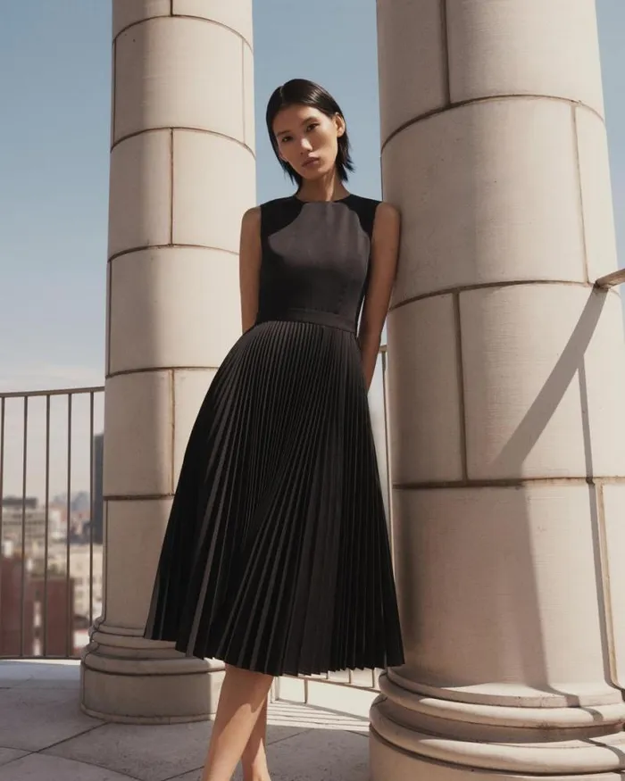 Dresses Women Theory Pleated Midi Dress In Sleek Poplin Black Dresses Women Theory Pleated Midi Dress In Sleek Poplin Black