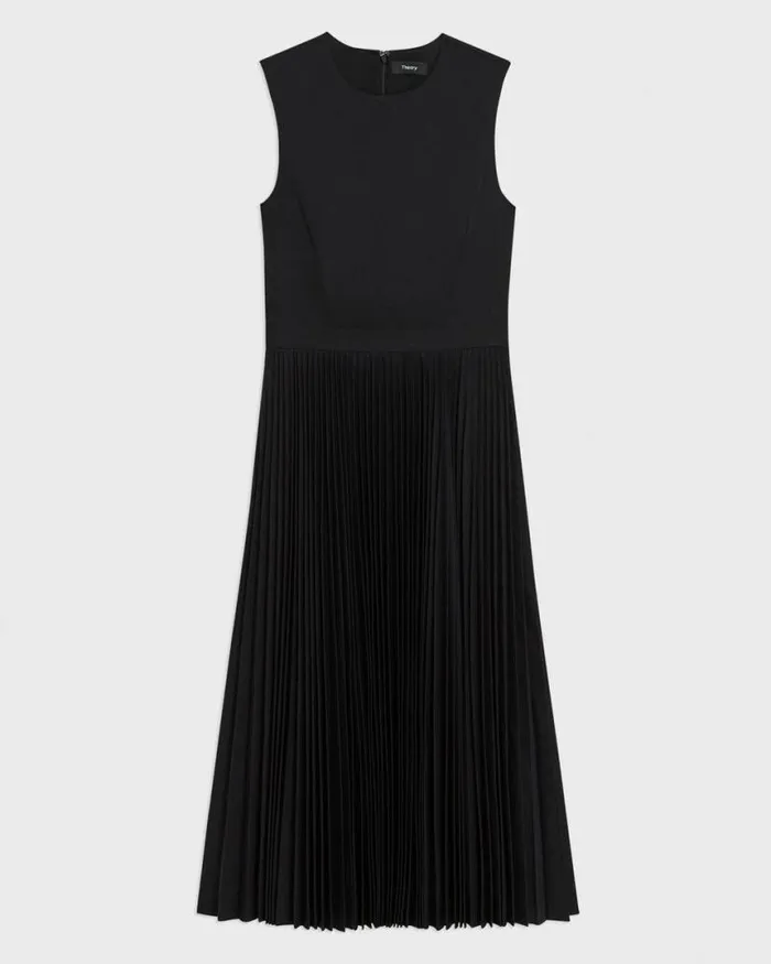 Dresses Women Theory Pleated Midi Dress In Sleek Poplin Black Dresses Women Theory Pleated Midi Dress In Sleek Poplin Black