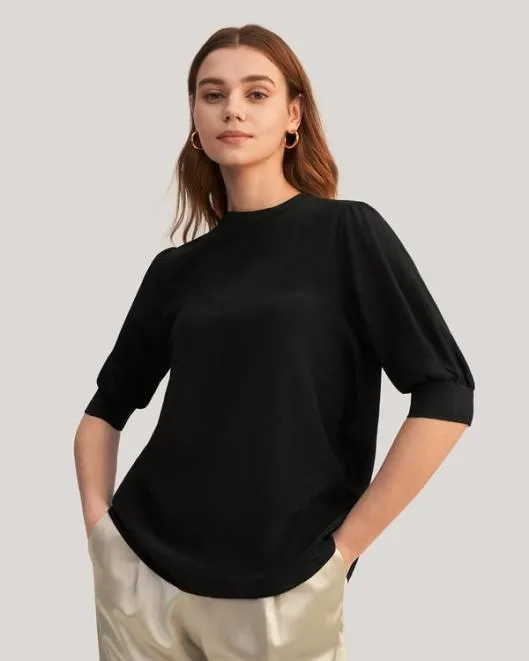 Elegant Casual Silk Tee With Rib Cuff Women Lilysilk Tops