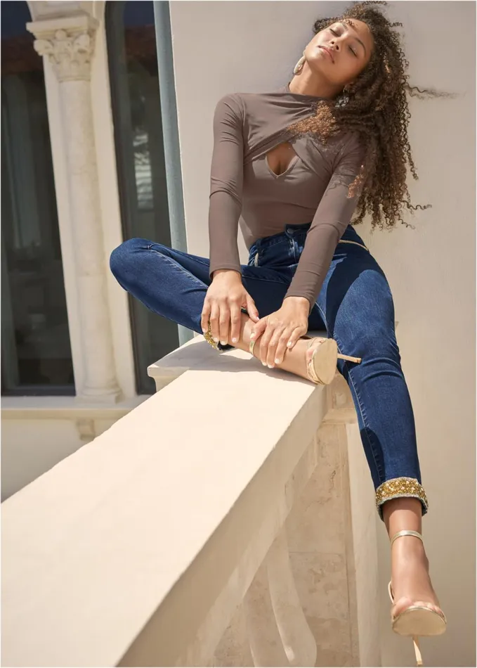 EMBELLISHED CROPPED JEANS Dark Wash Women VENUS Novelty Jeans
