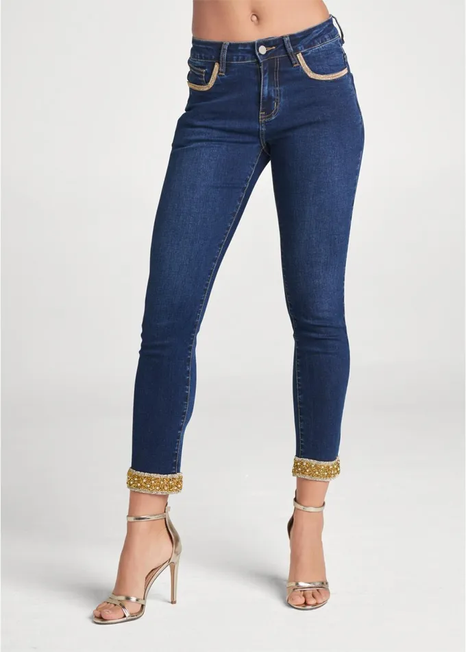 EMBELLISHED CROPPED JEANS Dark Wash Women VENUS Novelty Jeans