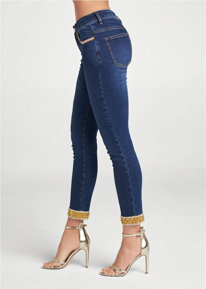 EMBELLISHED CROPPED JEANS Dark Wash Women VENUS Novelty Jeans