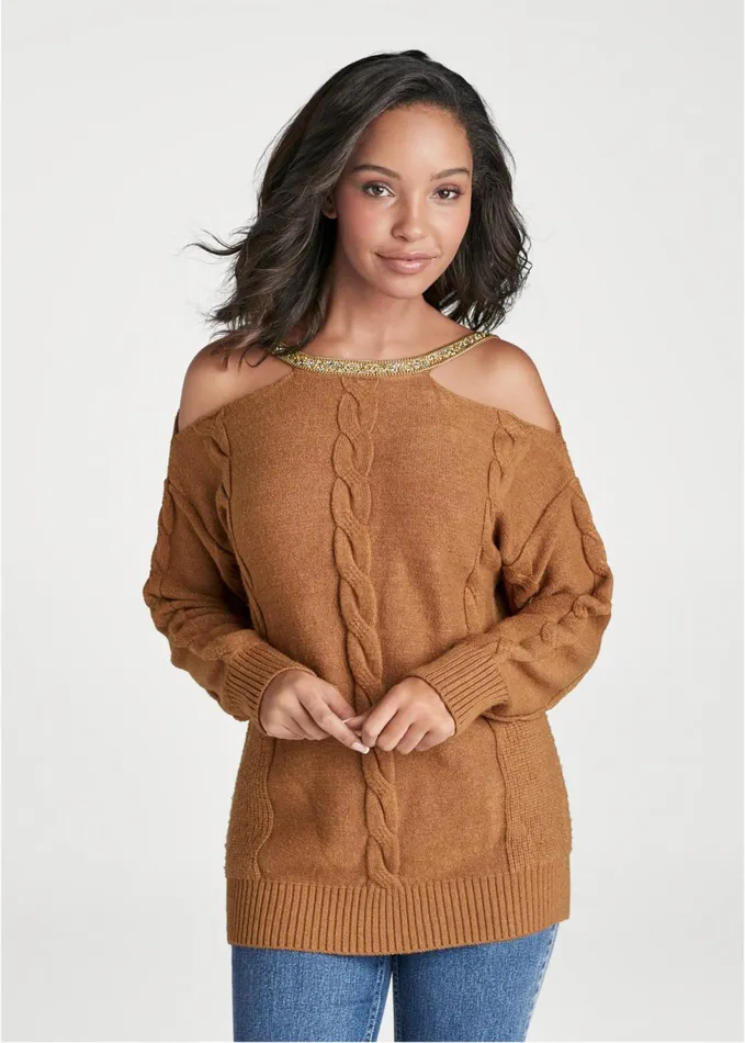 Embellished Neckline Sweater Brown Women VENUS Sexy Sweaters