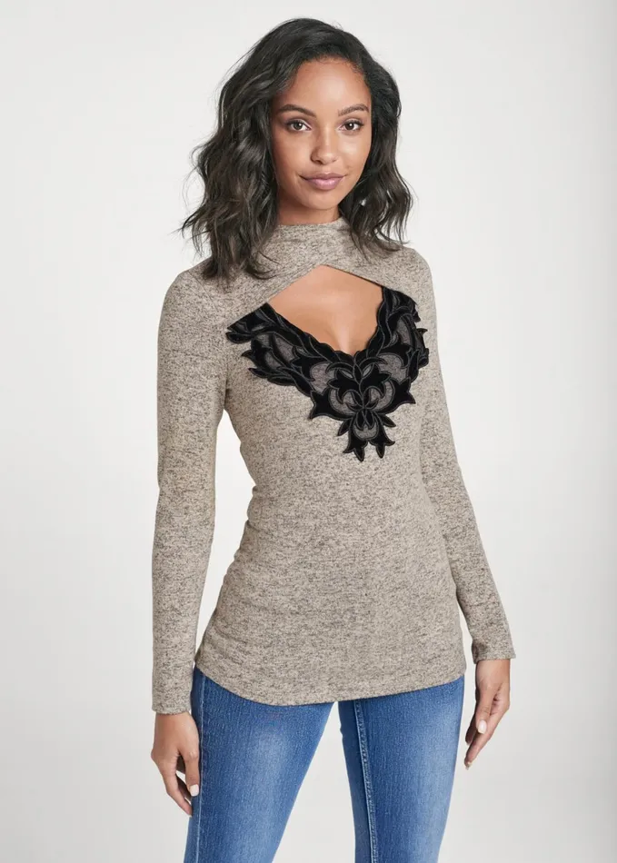 FauxSuede Lace Detail Top Taupe Multi Women VENUS Night Out Tops