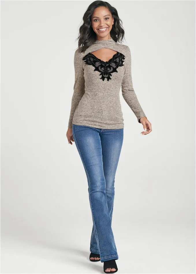 FauxSuede Lace Detail Top Taupe Multi Women VENUS Night Out Tops