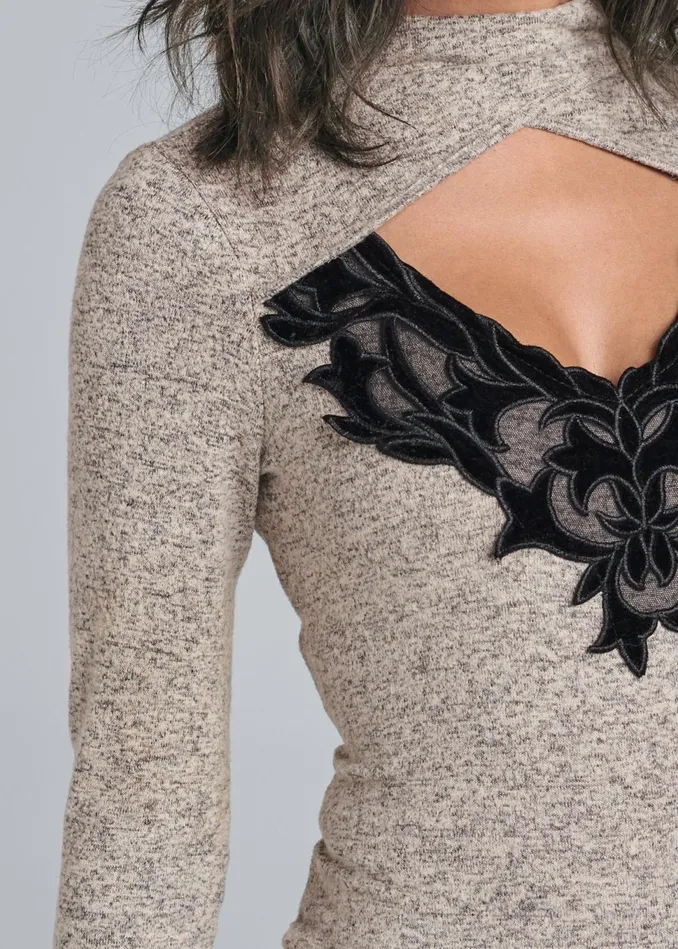 FauxSuede Lace Detail Top Taupe Multi Women VENUS Night Out Tops