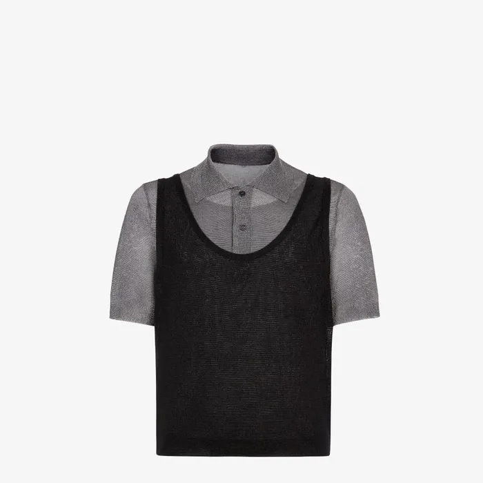 Fendi Knitwear Polo Shirt Black And Gray Wool Polo Shirt With Metallic Yarn 8211 Men Fendi Knitwear Polo Shirt Black And Gray Wool Polo Shirt With Metallic Yarn 8211 Men