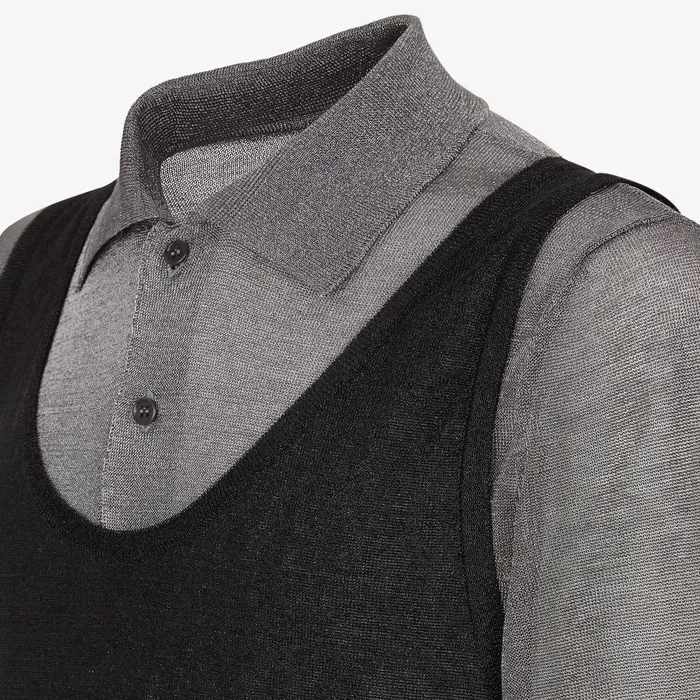 Fendi Knitwear Polo Shirt Black And Gray Wool Polo Shirt With Metallic Yarn 8211 Men