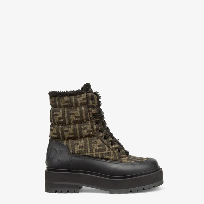 Fendi Skiwear Signature Biker Boots Black Leather Biker Boots With FF Fabric 8211 Women