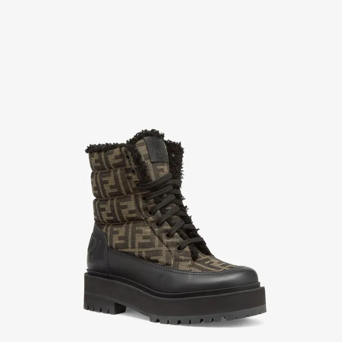 Fendi Skiwear Signature Biker Boots Black Leather Biker Boots With FF Fabric 8211 Women