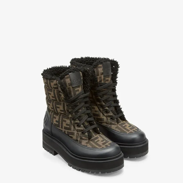 Fendi Skiwear Signature Biker Boots Black Leather Biker Boots With FF Fabric 8211 Women