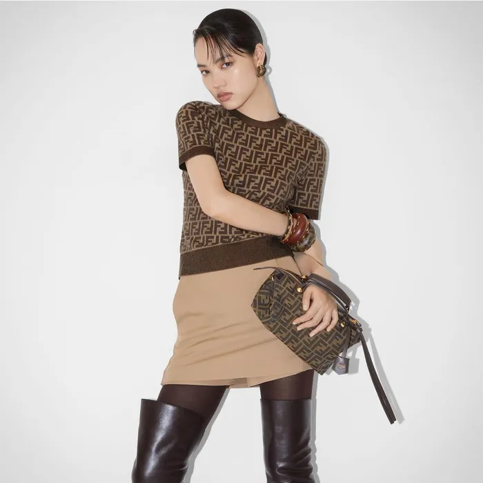 Fendi Tote Bags By The Way Soft Medium Brown FF Jacquard Fabric Bag 8211 Women