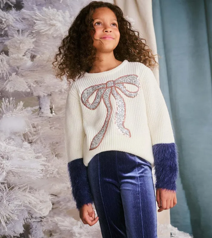 Girls Sequin Bow Fluffy Sleeve Sweater Hatley