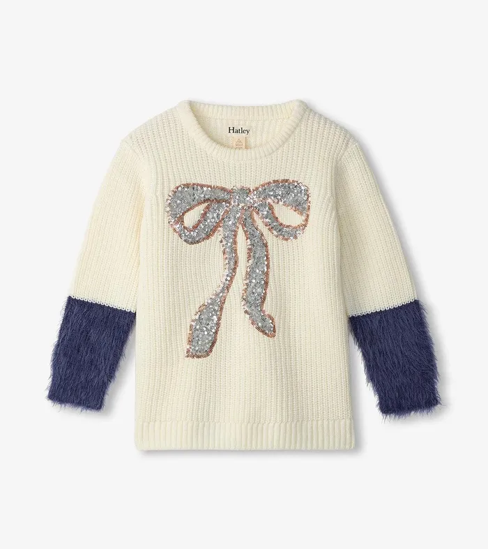 Girls Sequin Bow Fluffy Sleeve Sweater Hatley