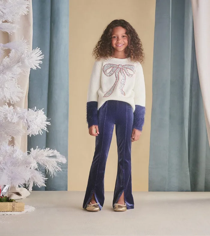 Girls Sequin Bow Fluffy Sleeve Sweater Hatley