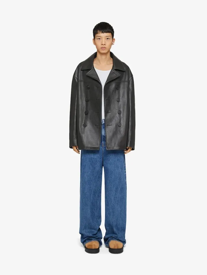 Givenchy Peacoat In Leather Black Men Outerwear and Blousons
