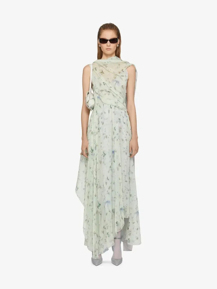 Givenchy Printed Draped Dress In Silk Chiffon With Lavallire Ice Blue Women Dresses
