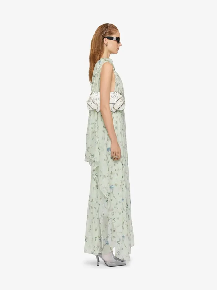 Givenchy Printed Draped Dress In Silk Chiffon With Lavallire Ice Blue Women Dresses