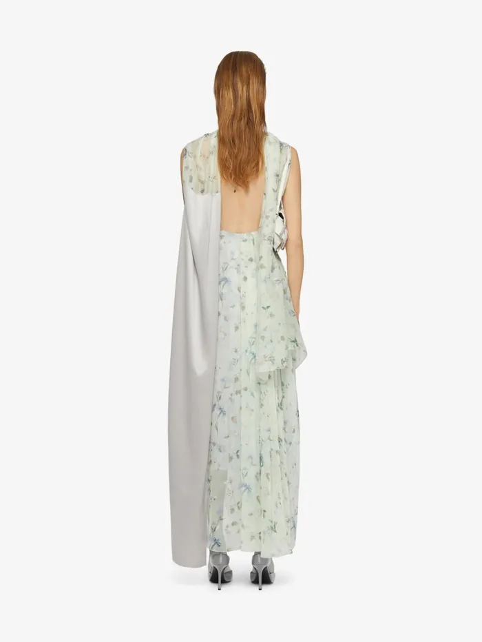 Givenchy Printed Draped Dress In Silk Chiffon With Lavallire Ice Blue Women Dresses